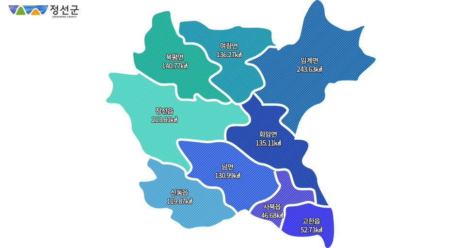 전체 행정지도 - 정선읍(213.81㎢),고한읍(52.73㎢),사북읍(46.68㎢),신동읍(119.87㎢),화암면(135.11㎢),남면(130.99㎢),여량면(136.27㎢),북평면(140.77㎢),임계면(243.63㎢)